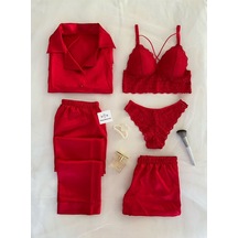 Mh Moony Homewears Raso Rosso Love 5'li Saten Pijama Iç Giyim Çeyiz Seti Kırmızı