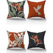 Turuncu Çiçek Kuş Desenli Dijital Baskılı Kırlent Kılıfı Seti 4kmbs324