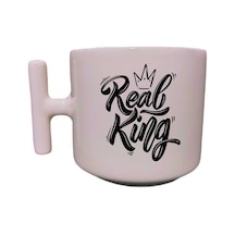 Real King Yazılı Krem Rengi T Saplı Eğlenceli Yazılı Özel Tasarım Baskılı Kupa Bardak Latte Bardağı Beyaz