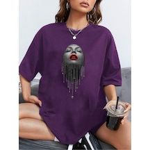 Uyguntarz Unisex Pırlantalı Kadın Portresi Tasarım Basklı Tshirt Mor