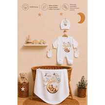 Pia Baby Kız Bebek İsme Özel Tulum Seti 4 Parça %100 Pamuk Organik Baskılı Hastane Çıkışı Battaniyeli Set 1099bt3x Ekru