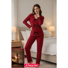 Epilons Zenviaatt2 Kadın Bordo Fiyonklu İç Çamaşırı Ve Uzun Kollu V Yaka Pijama Takımı 4'lü Set Zenvi312
