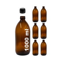 Amber Ecza Şişesi, 1000 Ml, Kahverengi Cam, Plastik Contalı Kilit Kapak, Hava Ve Sıvı Sızdırmaz, 28mm Ağız Çaplı, Parfüm Demlemek İçin Uygun, 6 Adet 1000, Siyah Kapak