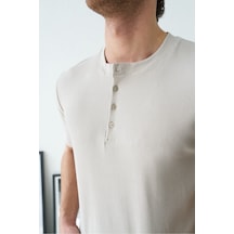 Baselco Premium Henley Yaka Beyaz T-shirt - Rib Dokulu Modern Fit Bej
