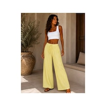 Hira Life Fashion Kadın Kumaşı Kabartma Detaylı Bol Paça Ve Önü Bağcıklı Salaş Burgu Şık Pantolon Sarı Sarı