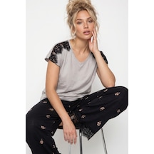 Siyah İnci Dantelli Viskon Örme Pijama Takım 8065 Açık Gri