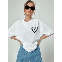 Bisiklet Yaka Baskılı Oversize T-shirt - Beyaz
