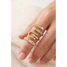 Gold 3'lü Çivi Xox Ve Zincir Zirkon Taşlı Premium Yüzük Seti Çok Renkli