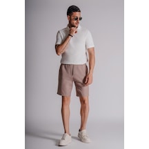 Braccas Erkek Yandan Cepli Beli Lastikli Keten Dokulu Relaxed Fit Jogger Şort Vizon Vizon