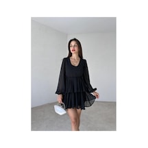 Rabia Çelik Kadın Siyah Puantiye Desenli Mini Elbise Siyah Siyah