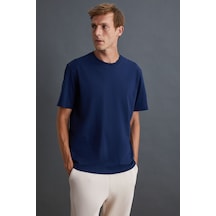 GRIMELANGE Solo Erkek %100 Organik Pamuklu Kalın Dokulu Comfort Fit Bisiklet Yakalı Lacivert T-shirt Lacivert