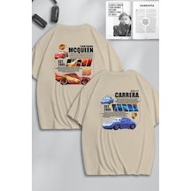 Unisex Cars Şimşek Mcqueen Ve Sally Sırt Baskılı Sevgili Çift Kombini Tasarım Oversize T-shirt 2li Bej Mck0539 Bej