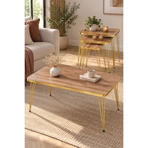 Sulorahome Ceviz Desenli Gold Metal Ayaklı 4'lü Sehpa Seti Ceviz - Altın