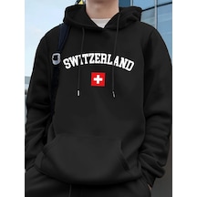 Startmore Tarzsokak İsviçre Bayrağı Baskılı Erkek Kapüşonlu Üstleri Sonbahar Cepli Sweatshirtler Temel Polar Sıca Siyah