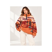 Nova Earth Art Kadın Desenli Yarım Fermuarlı Peluş Sweatshirt Kaktüs Desenli Çok Renkli