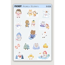 Kawaii Stili Sevimli Hayvanlar Kış Temalı Sticker Seti - 16 Adet Etiket Çıkartma Diğer