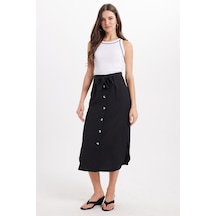 Tudors Kadın Slim Fit Dar Kesim Pileli Pamuklu Ön Düğme Kapamalı Kuşaklı Yırtmaçlı Siyah Etek -50946