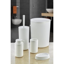 5 Parça Lüx Plastik Banyo Seti 7 Litre Dokunmatik Çöp Kovalı, Antibakteriyel Fırça Beyaz Siyah