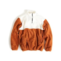 Erkek Yaka Fermuarlı Tarçın Pelüş Sweat Tarçın