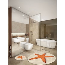 Sea Life, Kaymaz, Organik Pamuk Taban Yuvarlak Banyo Halısı-100X100 - 60X60 - 40X60 Cm (3'Lü Set) Çok Renkli