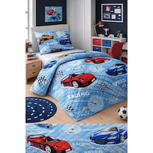Erkek Çocuk Genç Pike Yatak Örtüsü Takımı Araba Desen Kapitone Pamuklu 4 Mevsim Çarşafsız 160x230 Mavi