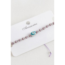 Oval Nazar Kristal Makrome İp Bileklik 1 Cm - Lila N145