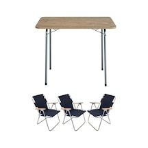 Tr 60x80 Çam Katlanır Masa + 3 Adet Katlanır Sandalye Kamp Seti Bahçe Balkon Takımı Lacivert Genel