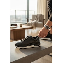 Enoch Hakiki Deri Tasarım Yüksek Taban Bağcıklı Erkek Sneaker Ayakkabı Siyah - Beyaz