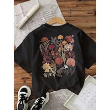 Retro Botanik Sırt Baskılı Çiçek Desenli Premium Kadın Oversize T-shirt SIYAH