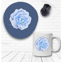 Mavi Gül Baskılı Kupa Bardak Ve Bilek Destekli Mouse Pad Seti Mousepad