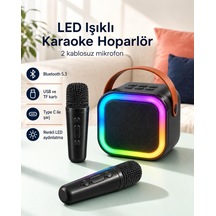 Led Işıklı Bluetooth 5.3 Karaoke Hoparlör Seti Çift Kablosuz Mikrofonlu