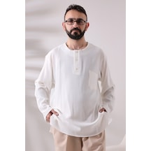 Krem Erkek Rahat Kesim 3 Düğmeli Sıfır Yaka Hac Ve Umre Şile Bezi Gömlek 001