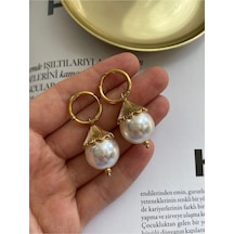 Pinery Jewels Vintage İri İncili Çelik Kararmaz Altın Kaplama Küpe Çifti Altın