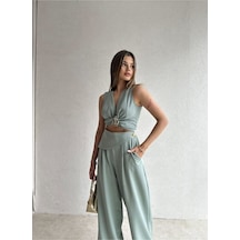 Kadın Kuşaklı Tokalı Crop Bluz Ve Palazzo Pantolon Takım - Bordo Mint Siyah Vizon Yeşil
