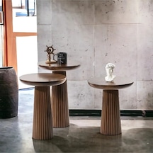 Simillo Wood Ahşap 3 Lü Set Koyu Ceviz Renkli Fitilli Mantar Yan Sehpa Fiskos / Çiçeklik Modern Doğal Ahşap