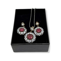 Oya Silver İri Beyaz Zirkon Çevrili Rose Yakut Gümüş Set&takım