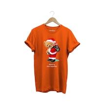 Yılbaşı Yeni Yıl Merry Christmas Sevimli Ayıcık Baskılı %100 Pamuk Regular Fit Turuncu T-shirt Turuncu