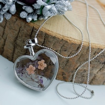 Hediyeci Abla Cam Kalpli Kurutulmuş Toz Pembe ve Mor Kır Çiçekli Kadın Kolye Gümüş - Altın - Rose Gold