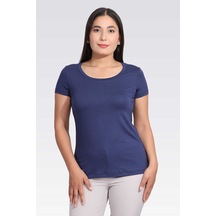 Tolga Saraçoğlu Minimalist Yuvarlak Yaka Kısa Kol Kadın T-shirt - Günlük Kullanım İndigo