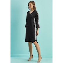 Şerit Detaylı Siyah Örme Elbise