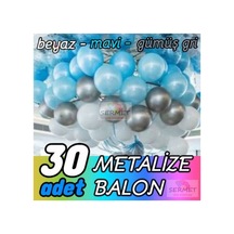 30 Adet Metalik Balon Mavi+beyaz+gri Helyum Uyumlu Parlak Balon Metalize Balon Mavi