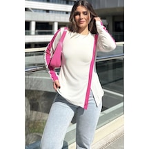WeShaya Kadın Ekru Yuvarlak Yaka, Uzun Kol, Şerit Detaylı, Yırtmaçlı Rahat Bluz Beyaz