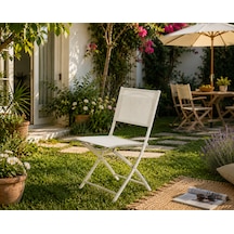Katlanabilir Bahçe Ve Balkon Sandalyesi Krem Renk Çelik Gövdeli Metal Katlanır Dış Mekan Sandalyesi 84,5x50x46,5 Cm