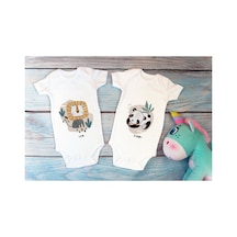 Babylimon Özel Tasarım Lisanslı Sevimli Aslan Panda Ikili Bebek Body Beyaz 2'li Bebek Zıbın Beyaz - 567126652 Beyaz