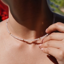 14 Ayar Altın Kaplama Gümüş Doğal Pembe Kuvars Taşlı Gümüş Kolye - Ngs00128