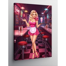 Kanvas Tablo Retro Kafede Pembe Elbiseli Kadın 100cmx140cm