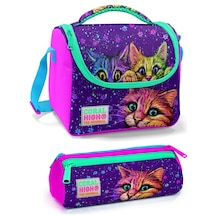 Coral High Pembe Mor Kedi Kız Çocuk Beslenme Çantası Seti Çok Renkli