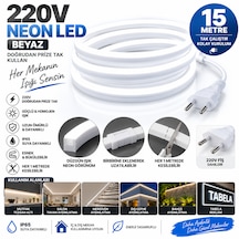 Borsan 15 Metre 6500k Beyaz Neon Led 220v Tak Çalıştır Ip65 Ultra Parlak Esnek Hortum Led Iç Dış Mekan Dekoratif Aydınlatma Montaj Aparatı Dahil 6500K - Beyaz Işık