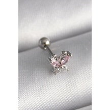 316l Çelik Gümüş Renk Pembe Zirkon Taşlı Kelebek Tragus Piercing 5886 Çok Renkli
