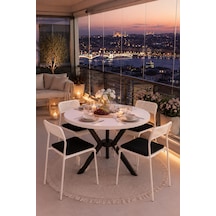 Beyaz 4 Kişilik Minderli Balkon Takımı, Balkon Masası, Balkon Sandalyesi, Yuvarlak Masa, Yemek Masası, Mutfak Masa Sandalye Takımı, 4 Sandalye 1 Masa Beyaz/siyah-beyaz